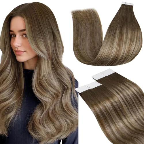 Image of LaaVoo Human Hair Tape in Extensions Balayage Light Brown to Ash Brown Hair Extensions Tape in 18 Inch 20pcs 50g