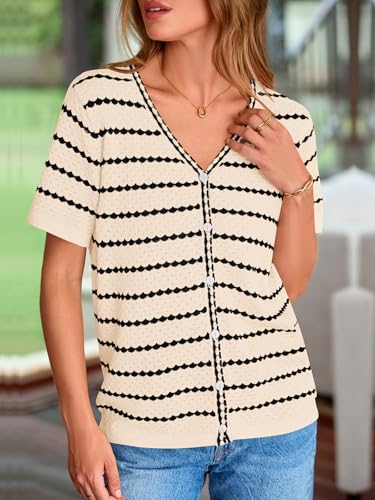 Image of NALANISA Women's Short Sleeve Sweater Spring Summer Crochet Knit Tops 2026 V Neck Striped Button Down Dressy Casual Blouses