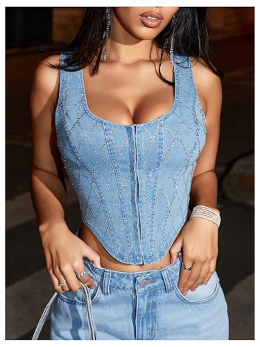 WDIRARA Women's Sequin Square Neck Hook Eye Denim Tank Top Sleeveless Asymmetrical Jean Crop Top2