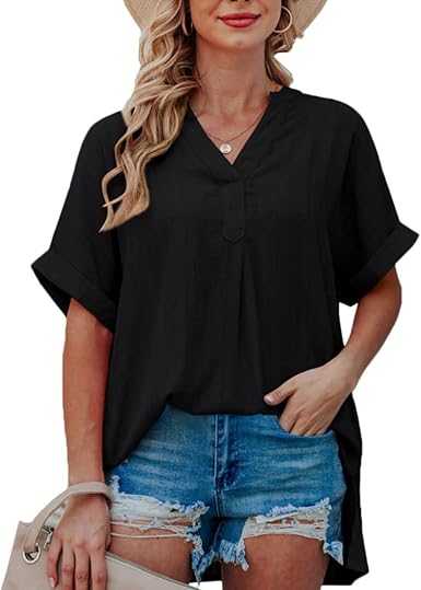Amazon.com: ASHER FASHION Blusa de verano con cuello en V para mujer, manga  corta, enrollable, con puños, túnica suelta, camisas : Ropa, Zapatos y  Joyería