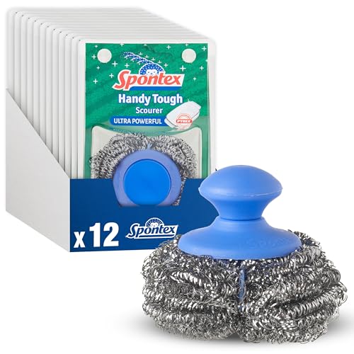 Spontex Handy Tough Kitchen Scourers | Wire Wool Pan Scourers with Handle | 90% Recycled Rust-Free Stainless Steel | Cleans Ovens, BBQs, Glass Dishes & Jugs | 12 Count