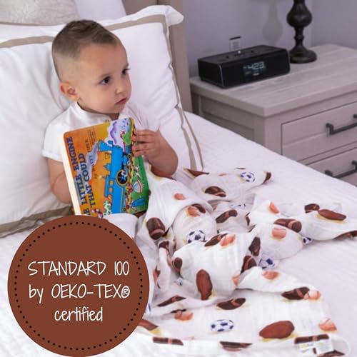 Image of LollyBanks Muslin Swaddle Blanket, 100% Muslin Cotton Soft Baby Blankets for Boys, 47 X 47 Inches Soft and Cozy Baby Wrap Swaddle Breathable Infant Blankets, Newborn Essentials (Sports Print)