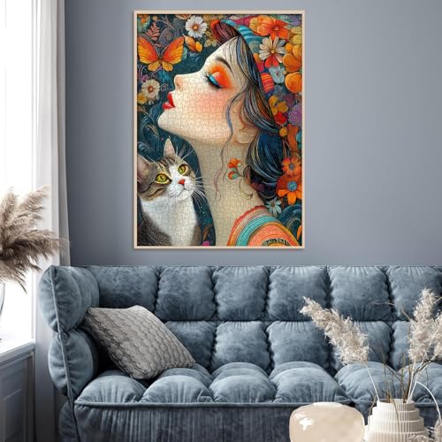 PICKFORU Elegance in Bloom Puzzle para Adultos 1000 Piezas, Rompecabezas de Dama con Arte Único, Gato y Flores miniatura 7