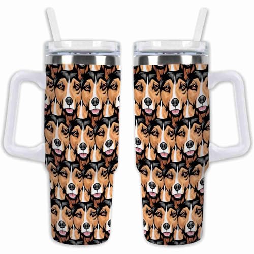 GABSHAIM Stainless Steel Tumbler Many Rat Terrier Dog Faces Heads Coffee Cup 40oz Thermal Insulated Travel Mug with Handle Straw & Lid, Double Sided For Dog Puppy Lovers