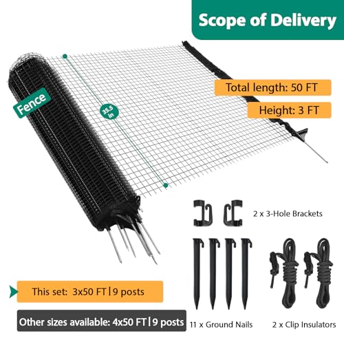 Image of HIDALIFE Temporary Fence with Posts,Safety Barrier for Dog Snow Plastic Mesh Fencing with Fiberglass Stake Windbreak Rope,Movable Fencing Roll for Garden Backyard Outdoor Animal Protect (3'x50' Black)