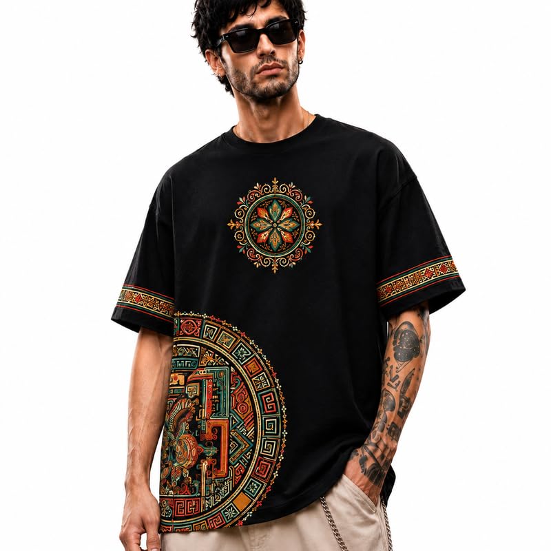 Men's Oversized Black Graphic T-Shirt | Tribal Mandala Symbol Print | Premium Cotton Oversized Half Sleeve Round Neck Casual Streetwear T-Shirt for Men & Boys-picture-10