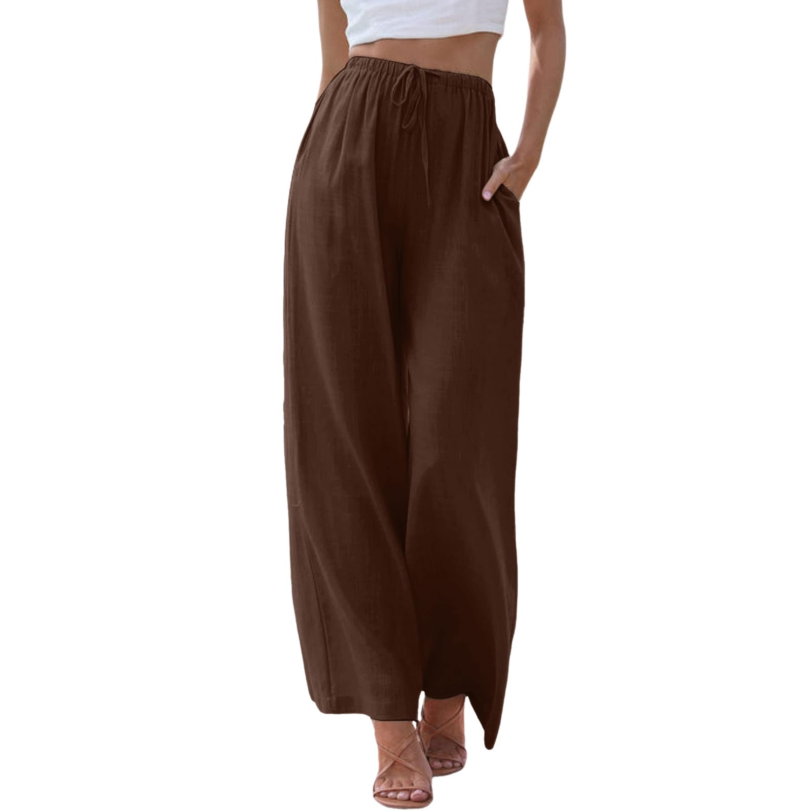 Damen Leinenhose Lang Leicht Sommerhose Loose Fit Casual Locker Stoffhose Weite Beine Palazzo Hose mit Taschen Sommerhose Damen Leicht Baumwolle Leinen Hose Einfarbig Freizeithose