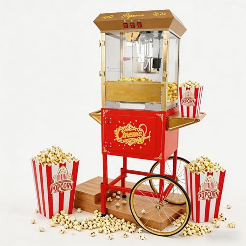 Image of Commercial Popcorn Machine with Cart - 16 OZ Kettle Popcorn Makers with Heating, 3-Switch Control & Tempered Glass Doors, for Office, Schools, Home, Carnival, Movie Theath, Parties, Christmas, Red