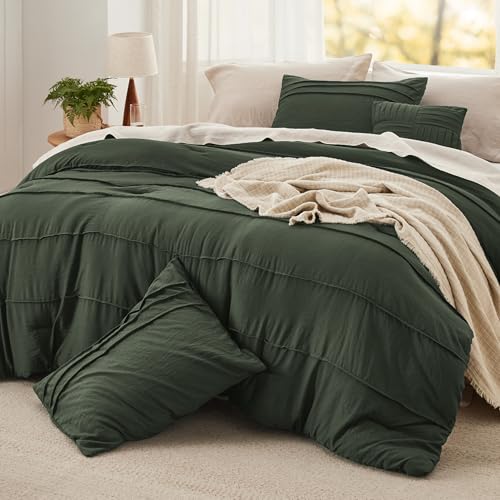 Image of Bedsure Olive Green Oversized Queen Comforter Set - 4 Pieces Pinch Pleat Bed Set, Down Alternative Bedding Sets for All Season, 1 Comforter, 2 Pillowcases, 1 Decorative Pillow