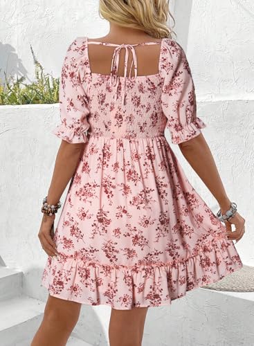 Image of Dokotoo Womens Casual Summer Dresses Short Sleeve Square Neck Smocked Boho Floral Sundress Flowy A-Line Mini Dress