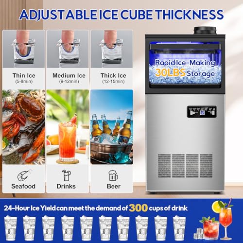 Image of Commercial Ice Maker Machine, 110Lbs /24H, 30Lbs Storage | 36Pcs Clear Ice Cubes in 10-15Mins, Stainless Steel, Under Counter Freestanding, 2 Water Inlet Modes, for Home Party Office