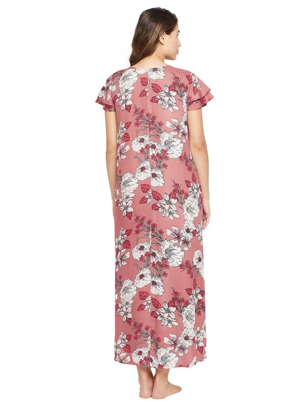 Image of Clovia Women's Rayon Printed Long Night Dress - Pink