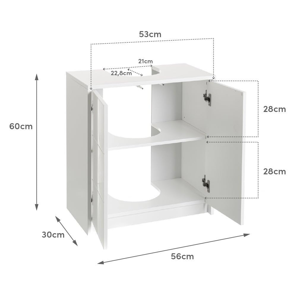 LOLAhome - Mueble bajo Lavabo pie de Tablero Laminado Blanco 56x30x60 cm. Diseño de Puertas a Cuadros. Incluye Estante Regulable en Altura Que aprovecha el Espacio en baños de tamaño reducido