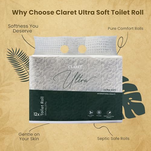 Image of Claret Ultra Soft 3-Ply Virgin Pulp Toilet Rolls | 300 Pulls Each Skin-Friendly | 12 Rolls in 1 Pack | OBA-Free | Sanitary System Friendly (Pack Of 12 Rolls)