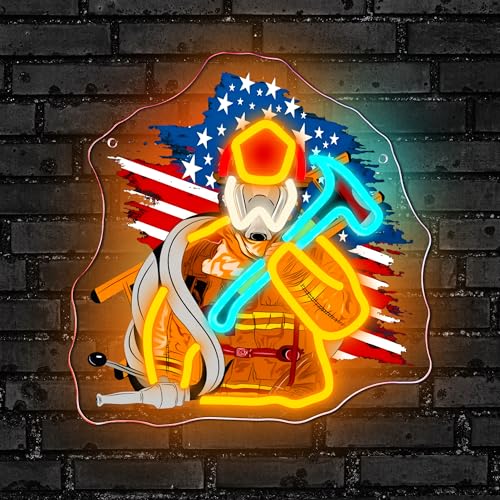 Image of Mutank Firefighter Neon Sign, American Flag LED Fireman Neon Light USB Powered, for First Responder Hero Tribute Emergency Services Firehouse Decor, Firefighter Gifts(12.9 * 12.5 In)