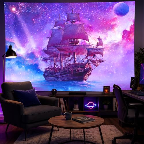 Image of BlissYard Psychedelic Galaxy Ship BlackLight Tapestry UV Reactive Ocean Sailing Wall Hanging 78x59 Inch Trippy Starry Sky Nautical Scene Cosmic Sea Decor For Bedroom Living Room Dorm Party