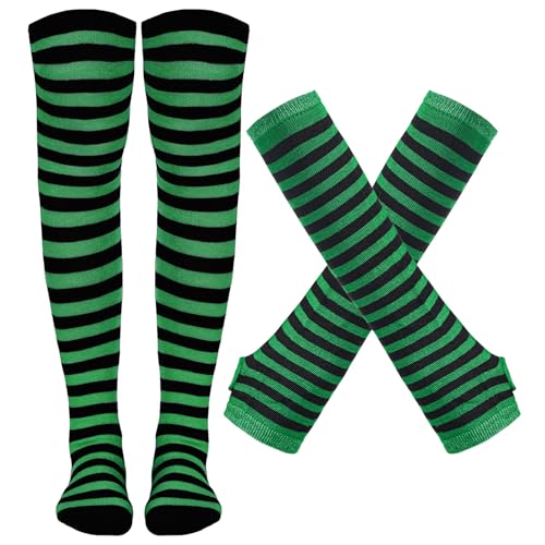 Image of Tongcloud Women's Striped Knee High Socks, Over Knee Thigh High Socks, Arm Warmer and Fingerless Gloves Set