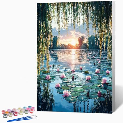 数字油絵 蓮 ペイントバイナンバー 風景, ナンバーペイント大人のDIYセット(ブラシとアクリル絵の具を含む)、クリエイティブな手作りの油絵セット、女性へのデジタル絵画ギフト、壁の装飾 40×50cm -WX2510328