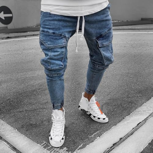Jeans Pants Trousers Denim Stretch Slim Fit Trendy Washed Blue Sanding Fading Elastic Waistband Ankle for Men3
