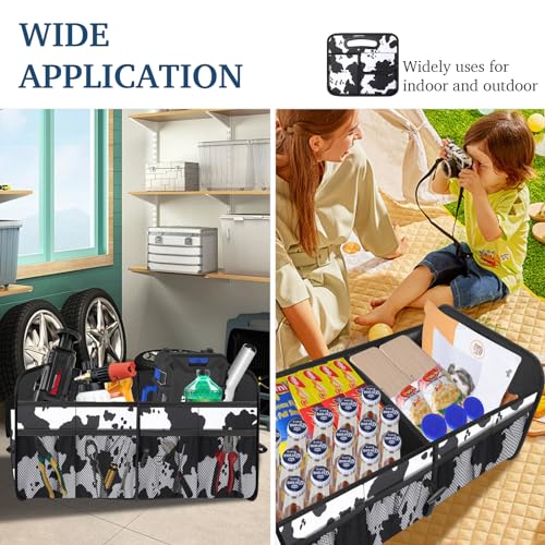 Image of Femuar Car Trunk Organizer, Cow Print, Vintage Style, 52L Capacity, 4 Compartments, Waterproof, Non-Slip, Collapsible, 22.5 inchD x 18 inchW x 10.8 inchH