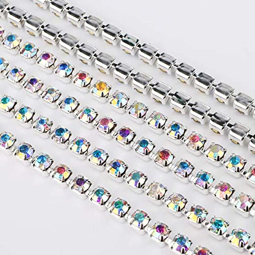10 Yards Crystal AB Strass Close Chain Clear Trim Cucito Argento Base Cup Chain Crystal Glass Stone Sew On Rhinestone-Crystal AB, SS16 (3,8-4,0 mm)