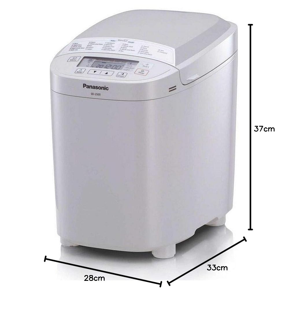 Panasonic SD-2500WXE Macchina per il Pane, 10 Impasti, modalità Senza Glutine, Marmellata e Composte, 3 Dimensioni di Pane, Design Compatto e Lineare, 150 W, 60 Decibel, Bianco