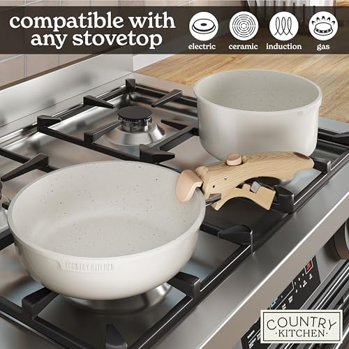 Image of Country Kitchen Cookware Set with Removable Handle, Oven & RV Safe Pots and Pans Set, Cream Gold Speckle Wood Handle, Original