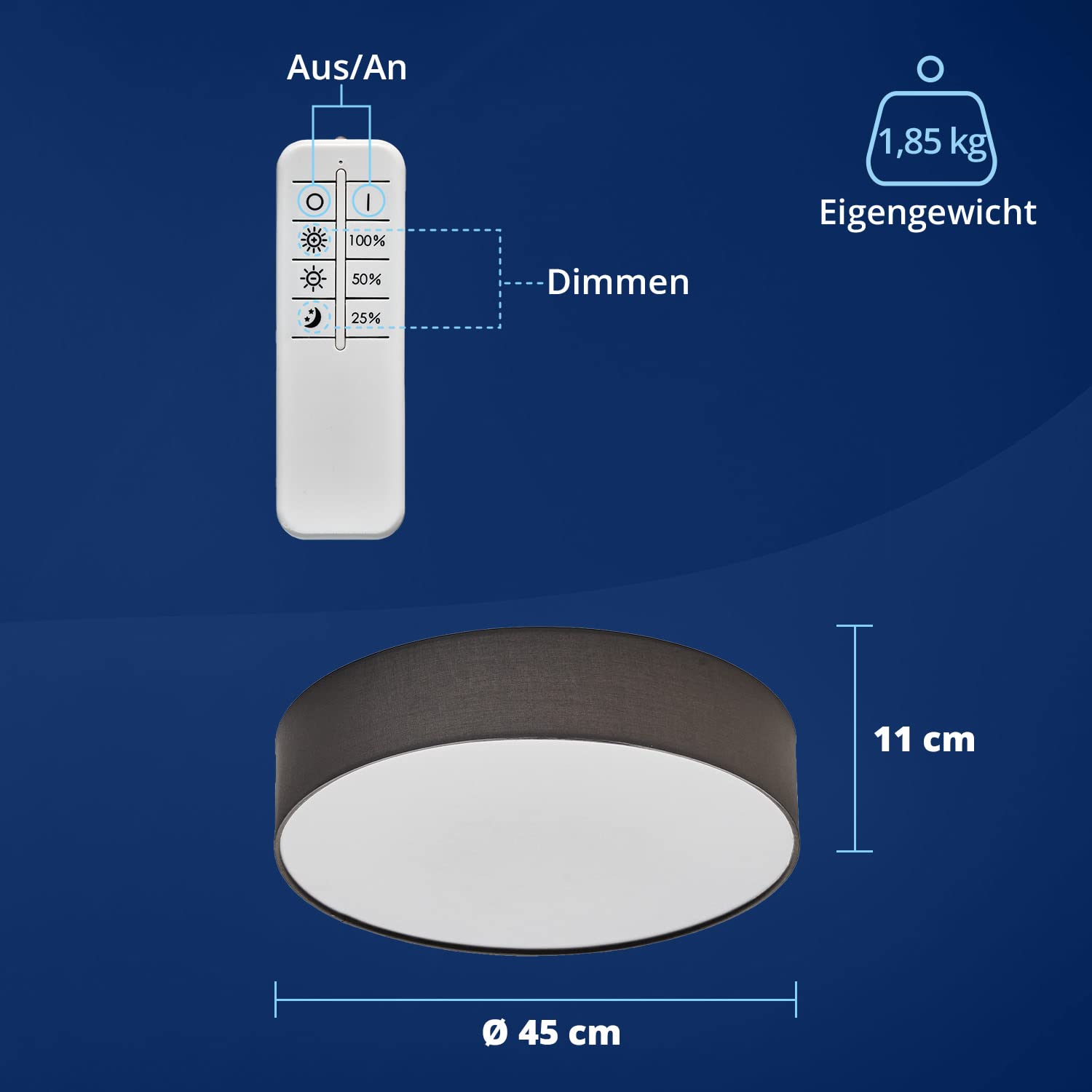 KHG LED-Deckenleuchte, dimmbar, Stoffschirm in grau, 1-flammig, Samt, FSC | Farbtemperatur 3.000 K, 2.080 lm Lichtleistung, 30 W Gesamtleistung, ideal für Wohnzimmer, Schlafzimmer, Küche und Büro