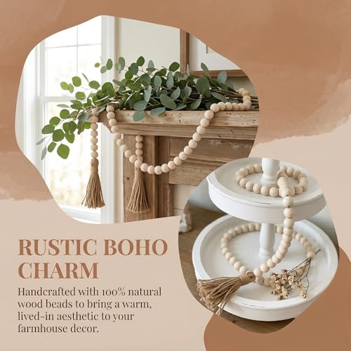 Farmhouse Beads 58in Wood Bead Boho Tassel Garland - Rustic Country Boho Chic Decor for Wall, Above Cabinet & Table