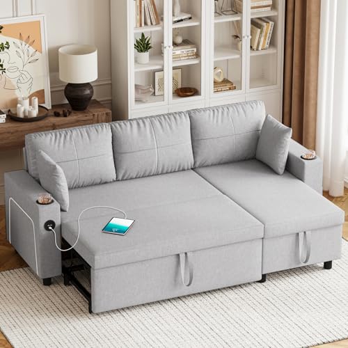 Hello-5ive Sofa Bed, L-Shaped Sleeper Sofa Couch with USB & Type-C Ports, 3 Seater Pull Out Corner Sofa Bed with Storage, Adjustable Lights, Cup Holder, Sectional Sofa for Living Room, Light Grey