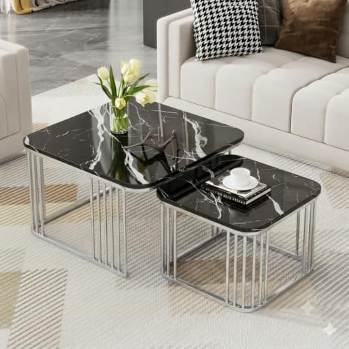 Image of Brown Art SHOPPEE Square Coffee Table Home Decor Furniture Coffee Table Sets,2 Piece MDF Top,Stacking Nesting Table with Iron Frame for Living Room Living Room or Lounge (Silver Black)