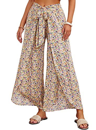 ReachMe Womens Casual Palazzo High Waisted Flowy Wide Leg Pants Bowtie Front Split Wrap Pants Trousers