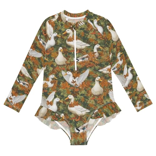 Autumn Ducks Flying Leaves Girls Rash Guard Swimsuits Long Sleeve One Pieces Bathing Suit UPF 50+ Zipper Swimwear