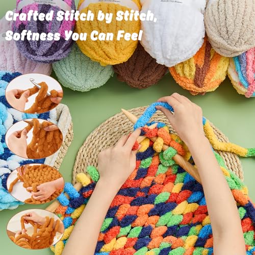 Image of Inhand Chunky Chenille Yarn for Hand Knitting, Thick Bulky Blanket Yarn for Crocheting, Soft Fluffy Yarn for Crochet Gifts & Crafts for Women /Beginners, 8 Pack (29.5 yds /8.4 oz Each), Rainbow-Mix