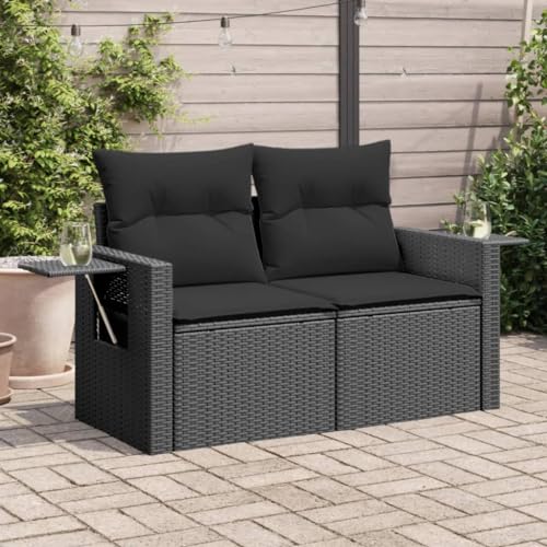 Myheimly Gartensofa mit Kissen 2-Sitzer Schwarz Poly Rattan Schwarz...