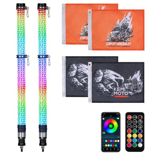 Image of KEMIMOTO 2pc 3ft Fat Whip Lights for Side by Side, Turning Signal Function | 360 Lighting, 366+ Light Modes, Music Sync Compatible with Polaris RZR Can-Am X3 UTV Buggy Boat Offroad