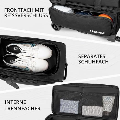 Goloni Bowlingtasche mit Zwei Rollen, 2 Bällen und großem separatem Schuhfach für Bowlingschuhe (bis US-Herrengröße 15), einziehbarer Griff, ausziehbar bis 101,6 cm, Schwarz, Einheitsgröße, Bowling