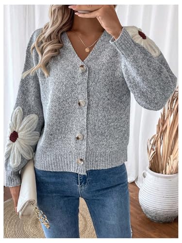 Image of SHENHE Women's Flora V Neck Button Down Cardigan Drop Shoulder Elegant Flower Sweater Outerwear