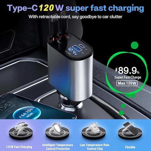 Image of 120W 4 in 1 Retractable Car Charger Socket New 2025,Multi USB Car Charger Type C Adapter with Dual Ports, car Mobile Charger Compatible with Android Phones & iPhone 16 /15 /14 /13 /12 /11 Pro Max