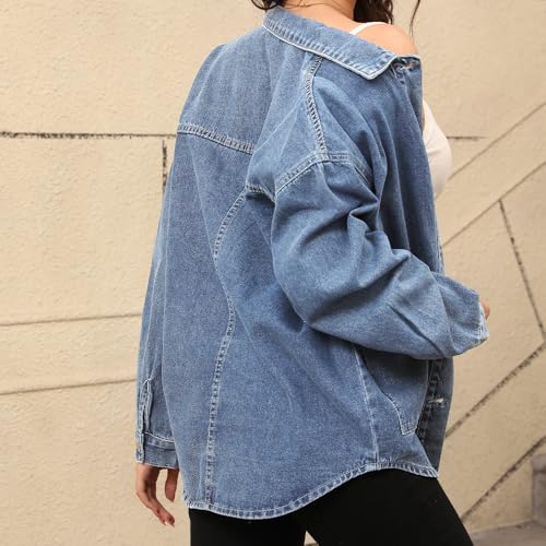 Women's Denim Jacket Oversize Long Sleeve Button Down Shirt Boyfriend Jeans Shacket Jacket Coat with Pocket2
