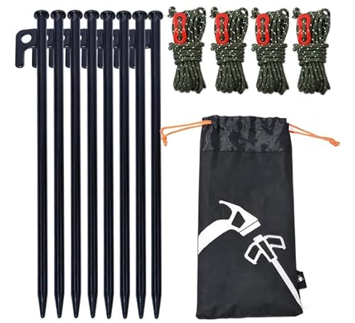 leechatwin ペグ テントペグ キャンプ 30cm ペグセット スチール ソリッドペグ アウトドア 登山 設営用具 反射ロープ付き 収納 バック付き (ペグ8本セット)の商品画像（Amazon）
