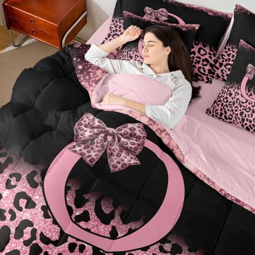 Image of Feelyou Girls Bow Comforter Set Full Size 7 Pieces Glitter Leopard Print Bedding Set for Kids Boys Girls Initial Letter O Bed in a Bag with Comforter, Sheets, Pillowcases, Cushion Covers Bedroom Decor