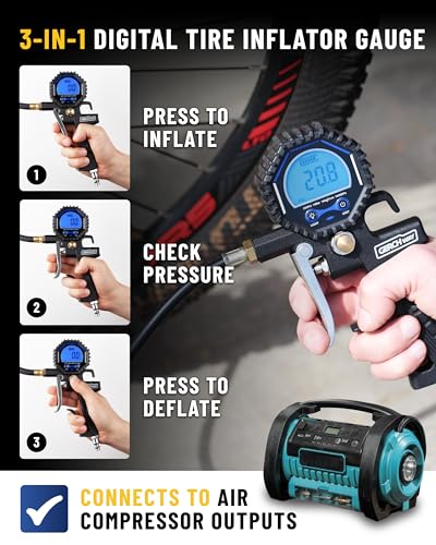 Image of Presta Valve Adaptor with Pressure Gauge and Inflator for Air Compressor | 3-200 PSI, ±1% Accuracy, Longer Hose, Digital, Schrader to Presta Valve Air Chuck