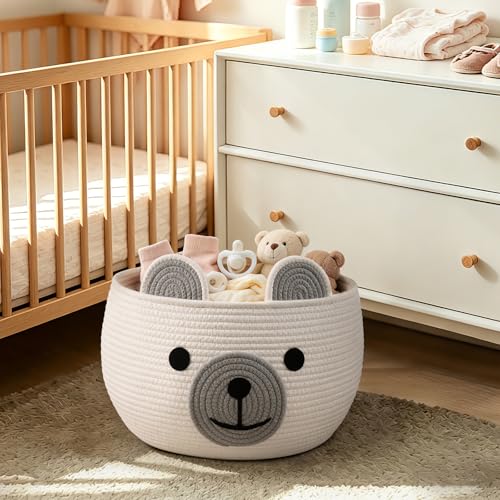 Image of CherryNow Baby Basket for Nursery, Woven Rope Baby Shower Basket, Cute Baskets for Gifts Empty, Diaper Caddy Organizer with Handles, White, 15.7 inchD x 10.5 inchH