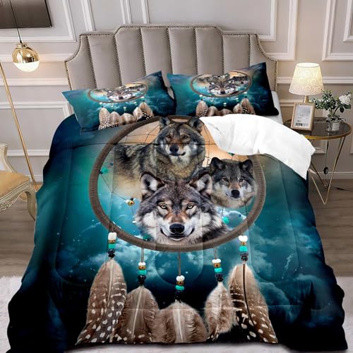 LUVIVIHOME 3PCS Boho Dream Catcher Wolf Comforter Set King Size, Wolf Bedding, Teal Starry Sky Galaxy Wild Animal Wolf Bedroom Decor for Boys Kids Teens, Soft Microfiber Quilt, 2 Pillow Shams