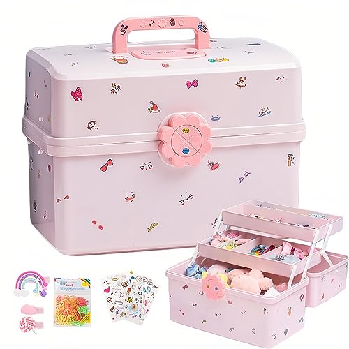SEAHOME Hair Accessories Organizer for Girls Headbands, Clips, Ties Baby Girl Supplies, Lockable Three-layer Folding Craft Organizers and Storage Plastic Jewelry Box, 11.4×6.3×6.3in