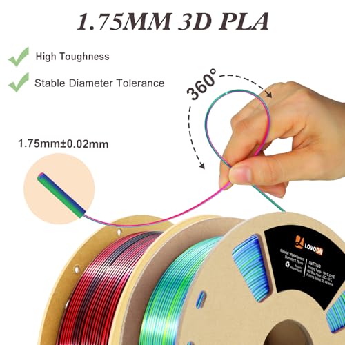 Image of LOVOON Silk PLA Filament 1.75mm, 2KG Bundle 3D Printer Filament, 3D Printing Filament Shiny Change by Angle, Tri Color Blue /Green /Red and Dual Color Black /Red, 1KG X 2 Spools