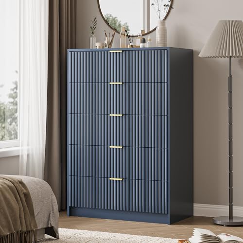 Image of MAISONARIA 5 Drawer Dresser for Bedroom, Tall Dresser Chest of Drawers with Gold Handles, 32 Inch Wide Nightstand with for Bedroom, Living Rooms, Offices, and Entryways, Navy Blue