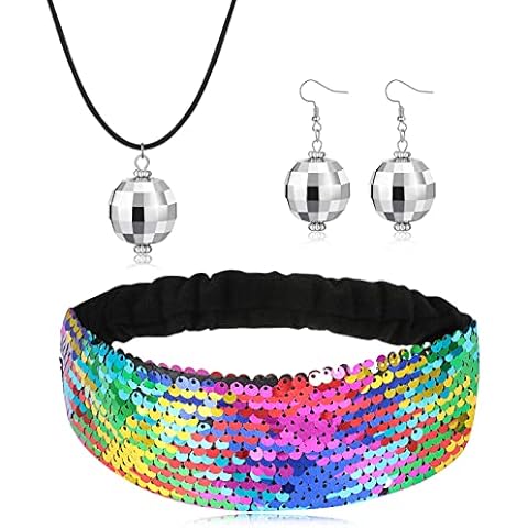 3 Pcs 1970s Disco Costume Accessories Set with Sequin Headband Bling Ball Earrings Necklace Headbands for Girls Ball Chain Necklace Disco Ball Earrings for Girls Sport Cover