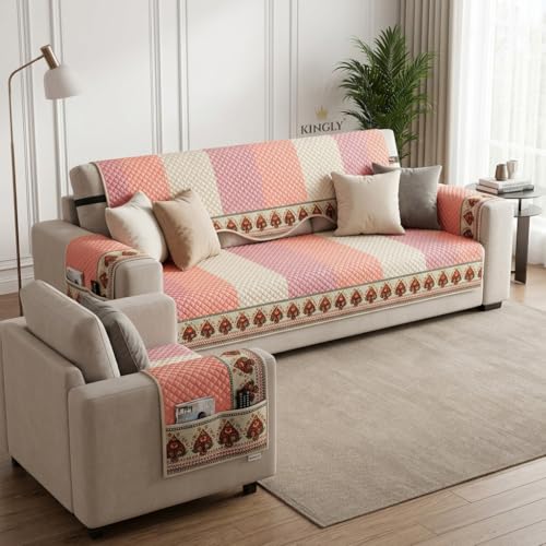 Image of Velvet L Shape 3+2 (5 Seater) Sofa Cover Fully Covered | Anti Skid Non Slip | Printed Pink | Washable Furniture Protector